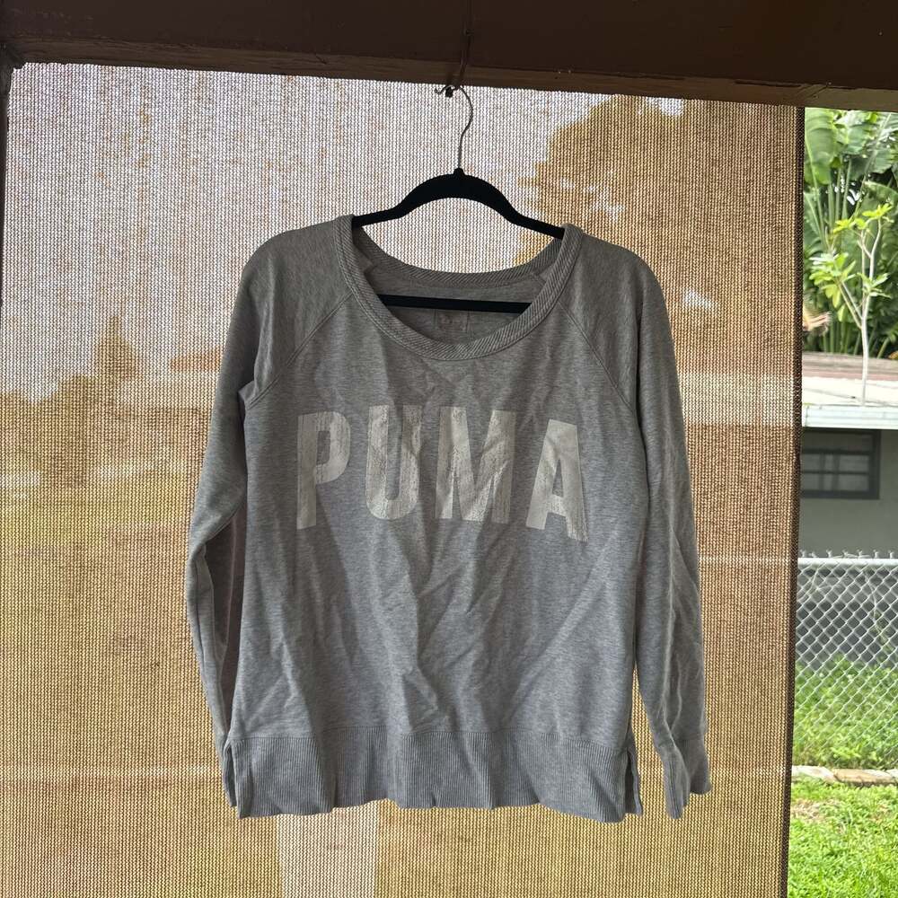 PUMA Gray Crew Neck Sweatshirt with White Logo - Women's Casual Pullover - Picture 1 of 3